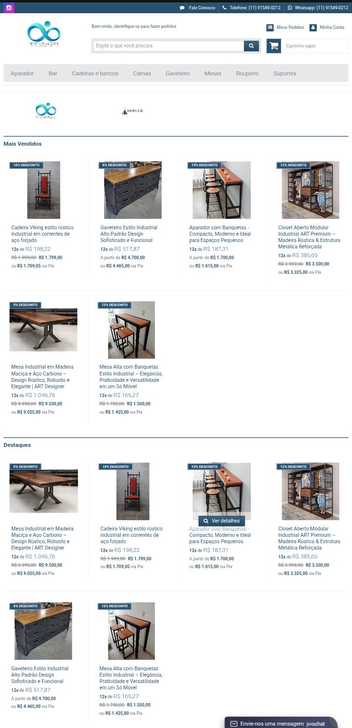 Site de vendas e-commerce para o nicho de móveis estilo rústico industrial e tecnológico sob medida.
